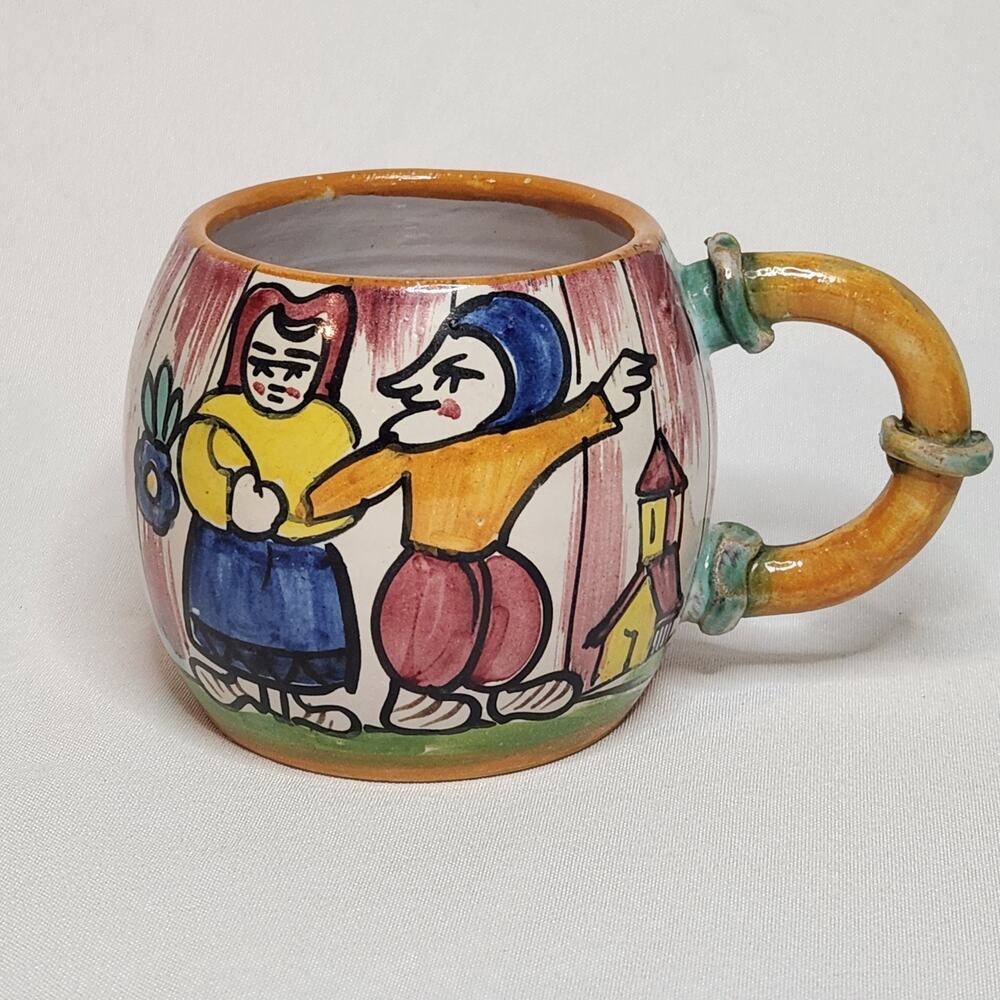 Vintage Faone Scardin Italy 4" Ceramic Hand Painted Pottery Mug Couple Art Milan